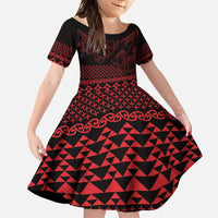 Red Taniko Kowhaiwhai Tukutuku Motif Family Matching Short Sleeve Bodycon Dress and Hawaiian Shirt LT9 Daughter's Dress Red - Polynesian Pride