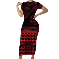 Red Taniko Kowhaiwhai Tukutuku Motif Family Matching Short Sleeve Bodycon Dress and Hawaiian Shirt LT9 Mom's Dress Red - Polynesian Pride
