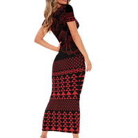 Red Taniko Kowhaiwhai Tukutuku Motif Family Matching Short Sleeve Bodycon Dress and Hawaiian Shirt LT9 - Polynesian Pride