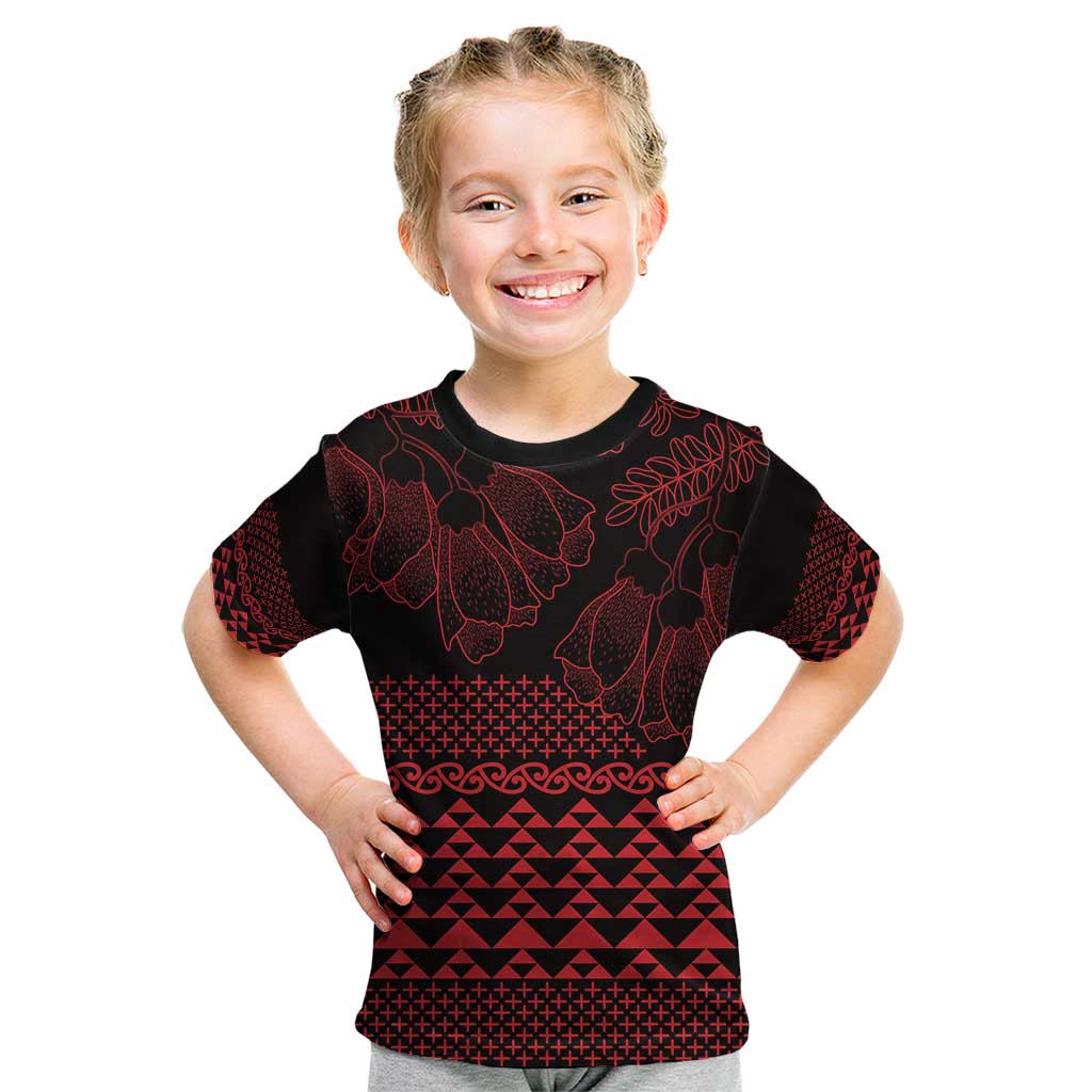 Red Taniko Kowhaiwhai Tukutuku Motif Kid T Shirt