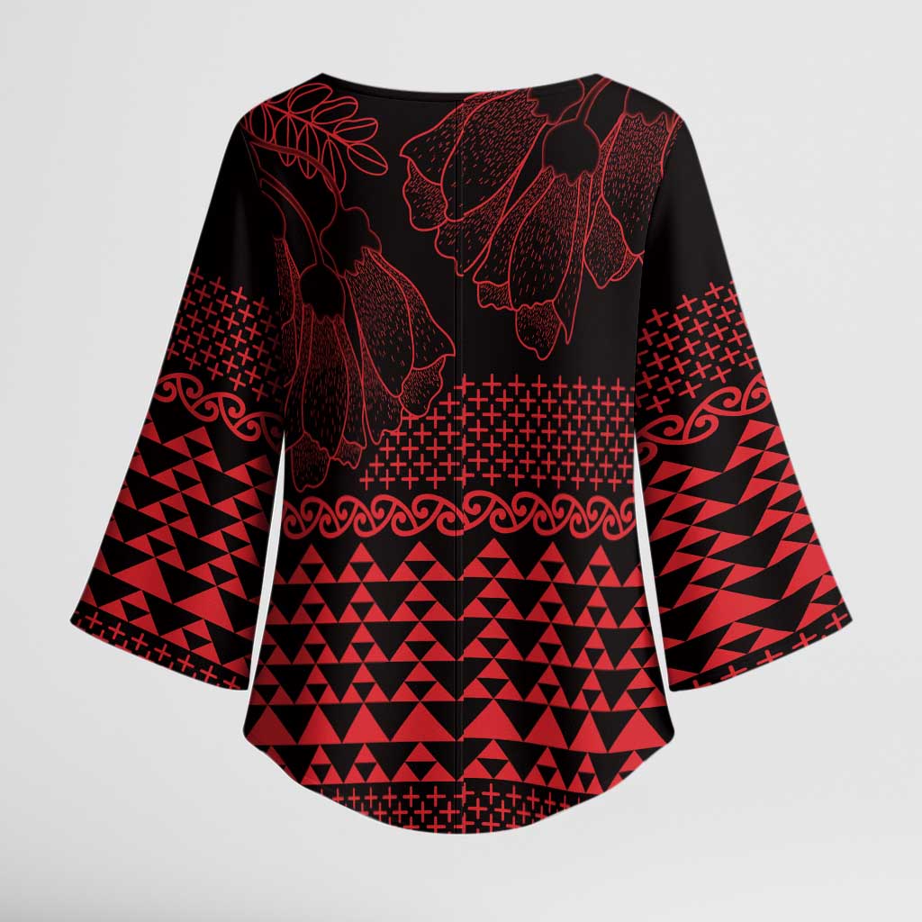 Red Taniko Kowhaiwhai Tukutuku Motif Kimono Sleeve Blouse - Polynesian Pride