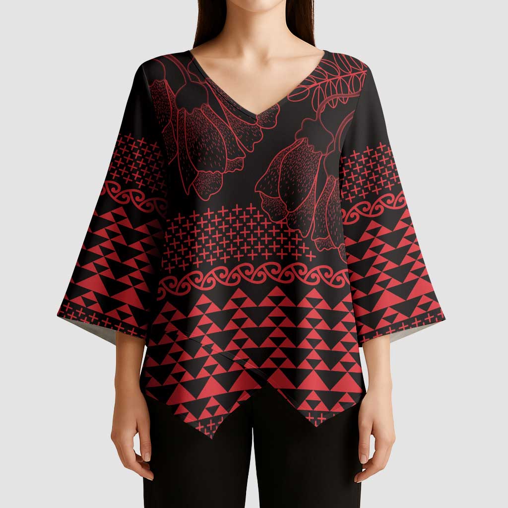 Red Taniko Kowhaiwhai Tukutuku Motif Kimono Sleeve Blouse - Polynesian Pride