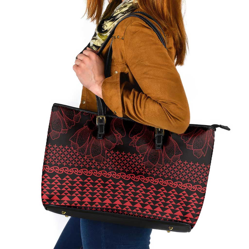 Red Taniko Kowhaiwhai Tukutuku Motif Leather Tote Bag
