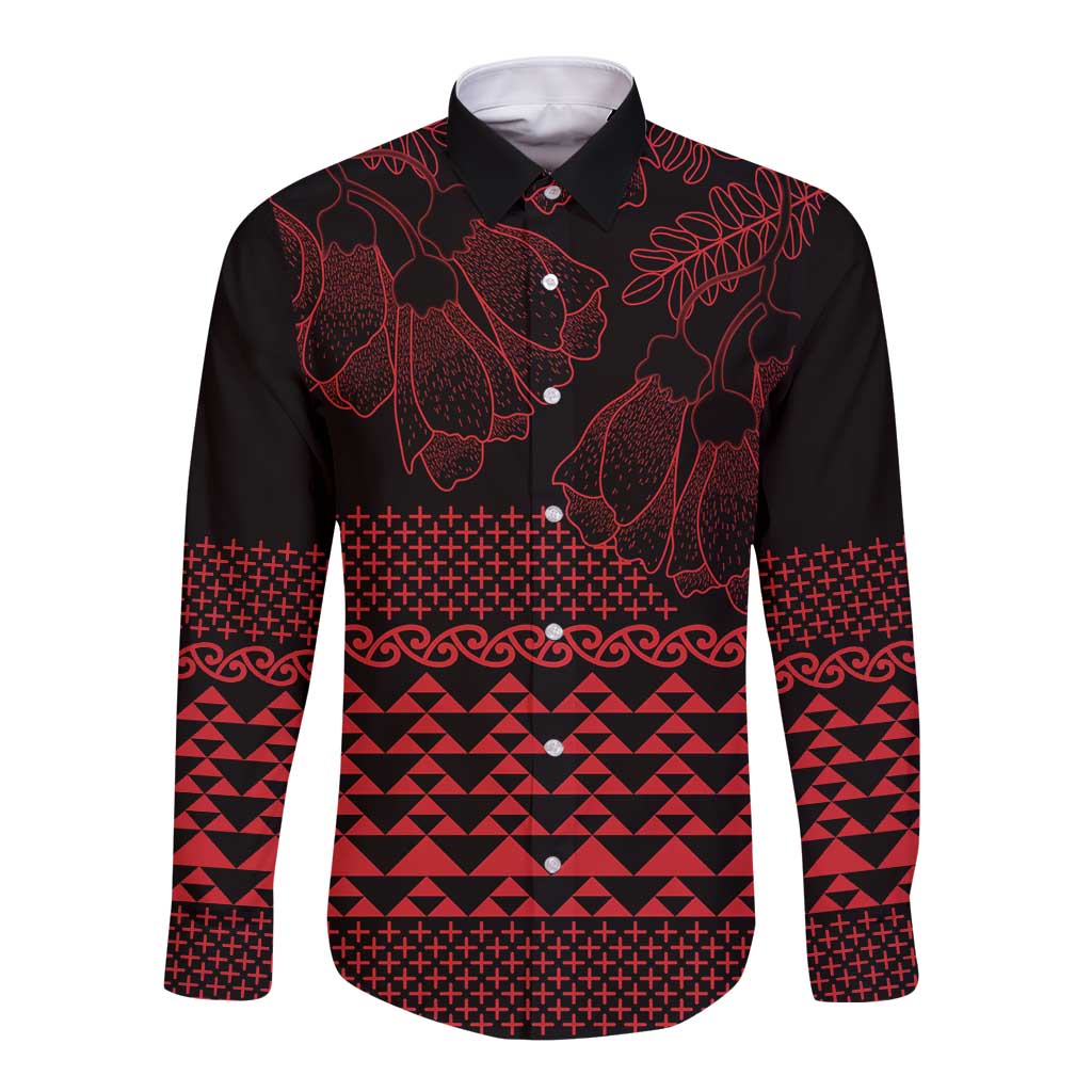 Red Taniko Kowhaiwhai Tukutuku Motif Long Sleeve Button Shirt