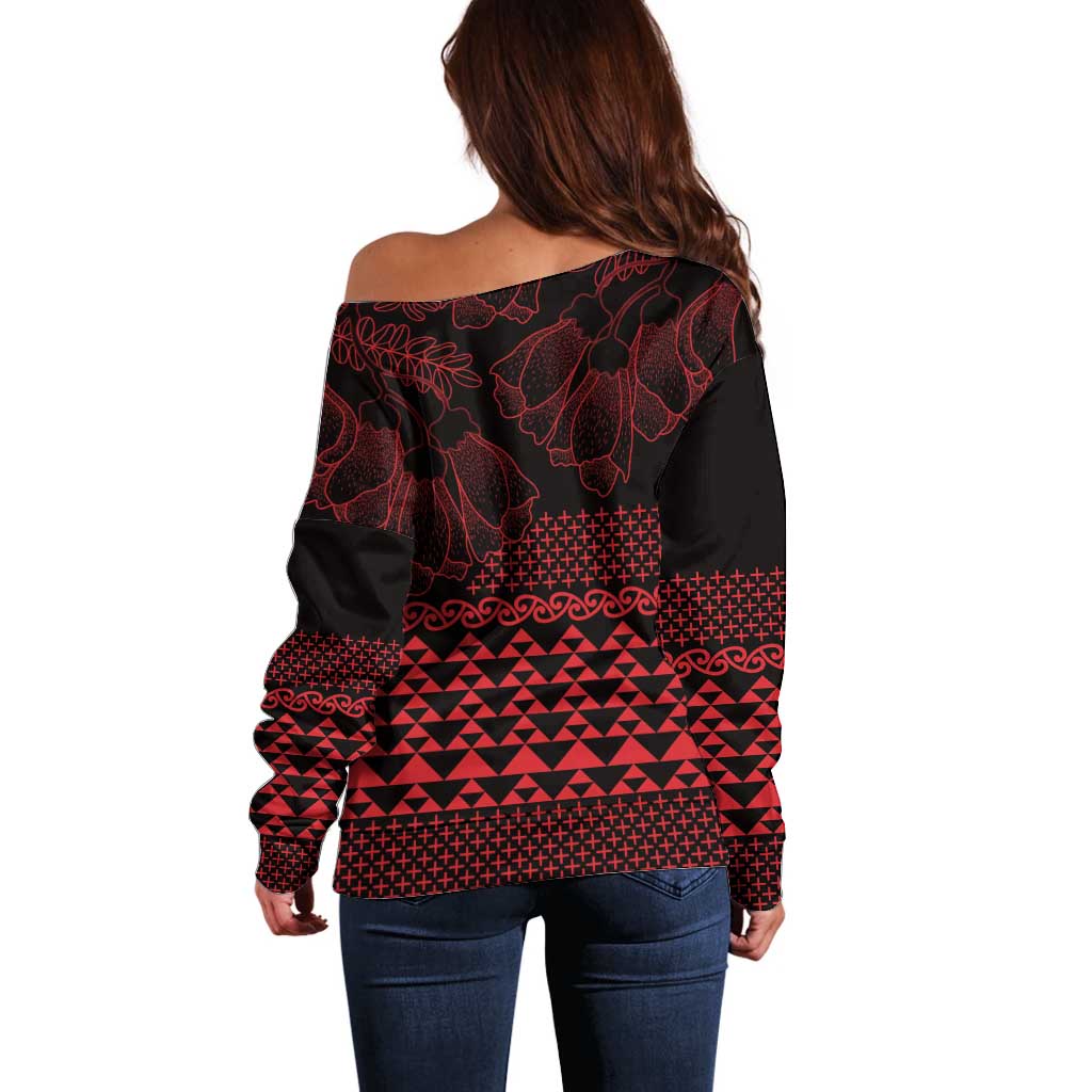 Red Taniko Kowhaiwhai Tukutuku Motif Off Shoulder Sweater