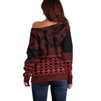Red Taniko Kowhaiwhai Tukutuku Motif Off Shoulder Sweater