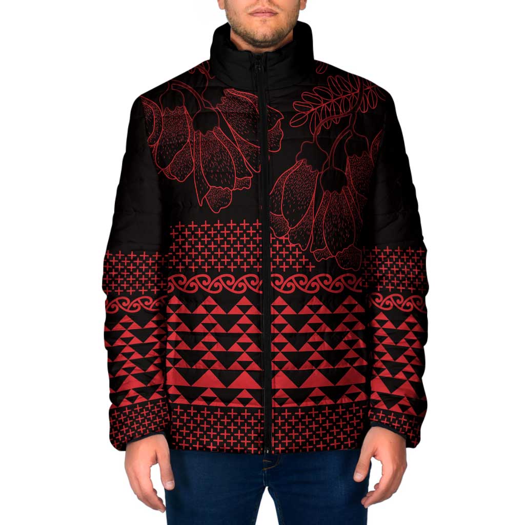 Red Taniko Kowhaiwhai Tukutuku Motif Padded Jacket - Polynesian Pride