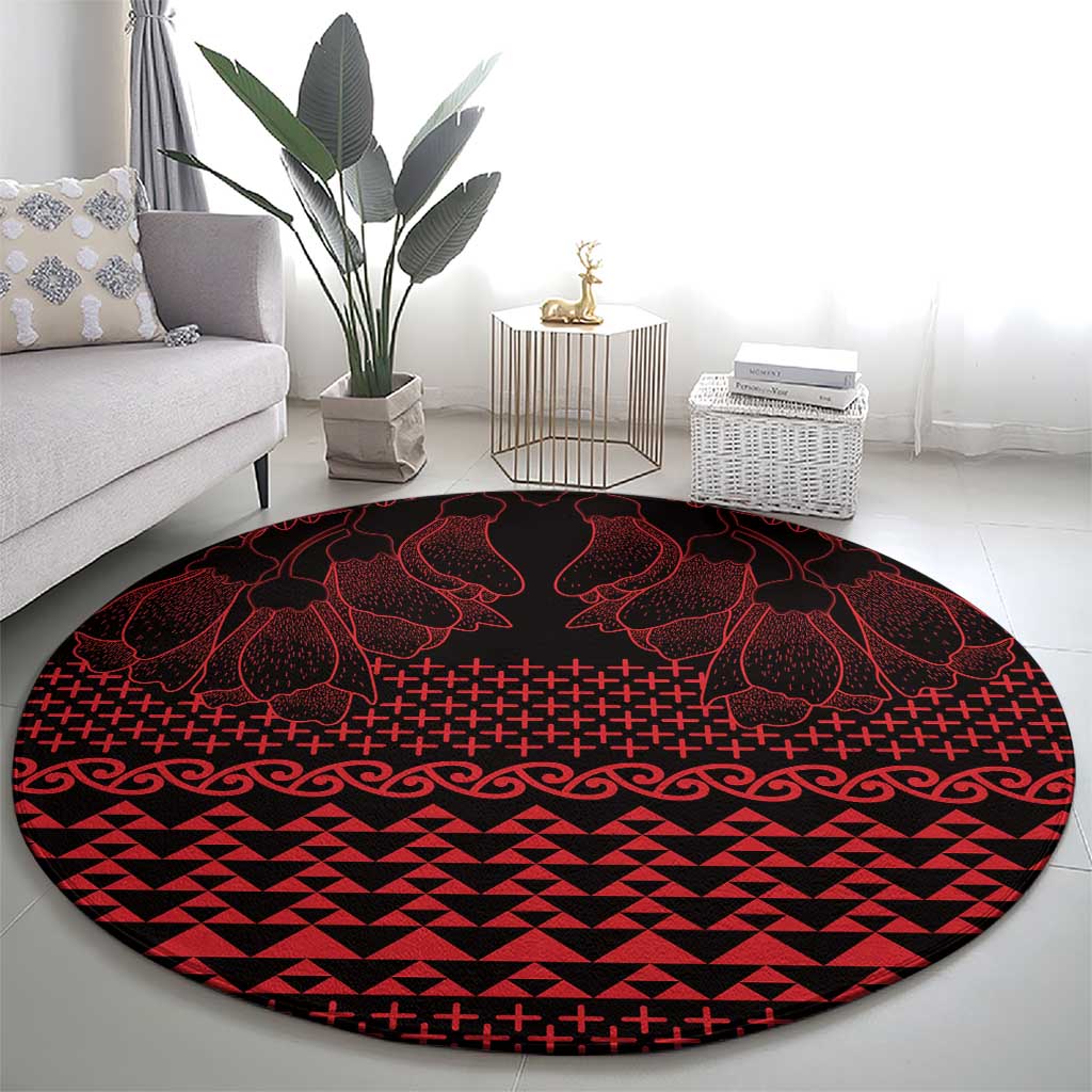 Red Taniko Kowhaiwhai Tukutuku Motif Round Carpet