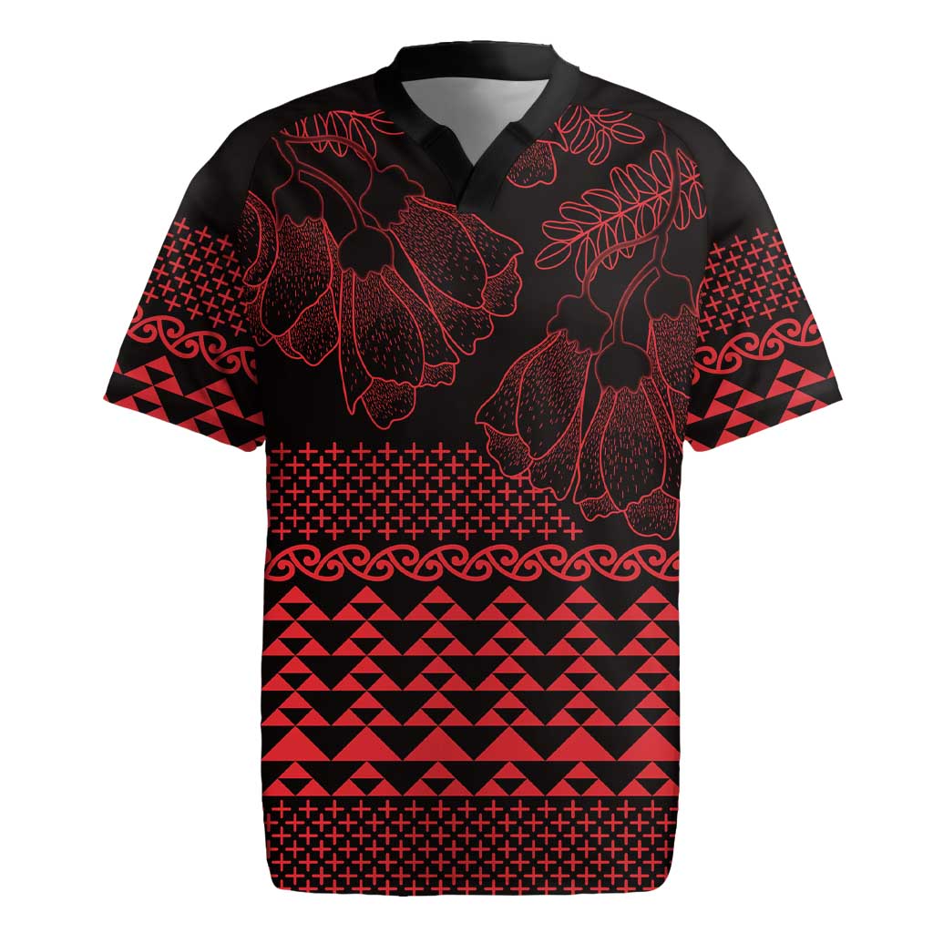 Red Taniko Kowhaiwhai Tukutuku Motif Rugby Jersey
