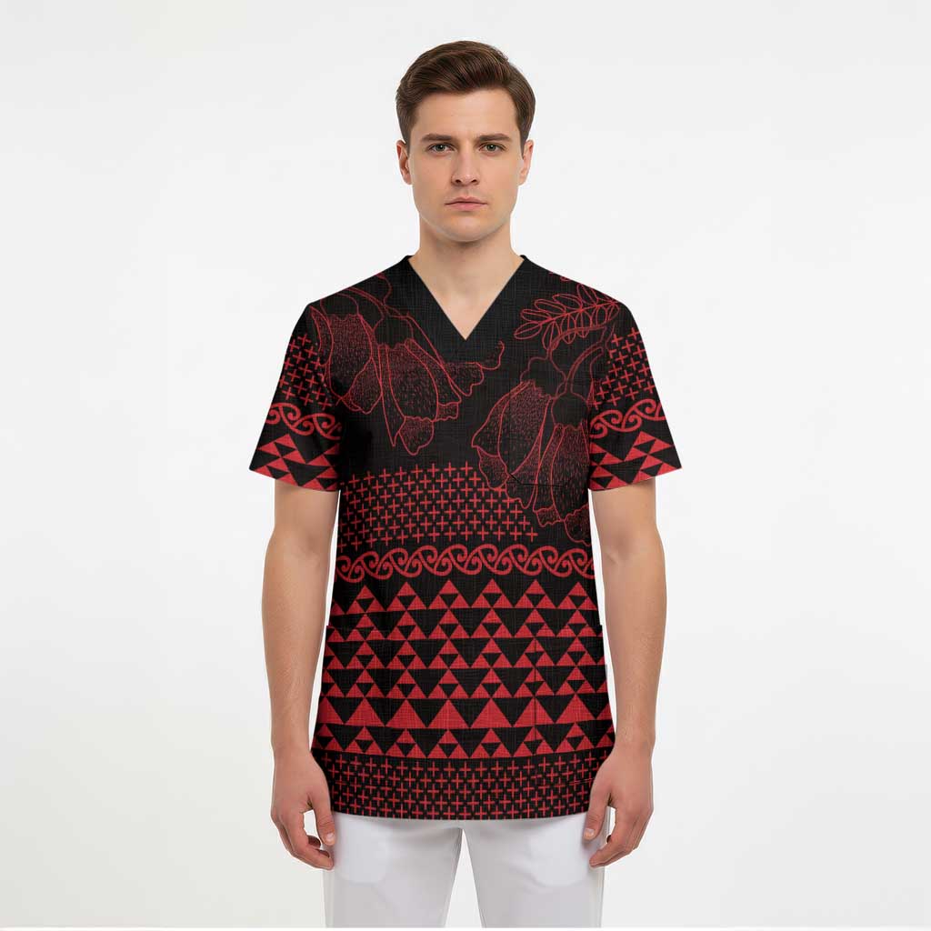 Red Taniko Kowhaiwhai Tukutuku Motif Scrub Top - Polynesian Pride