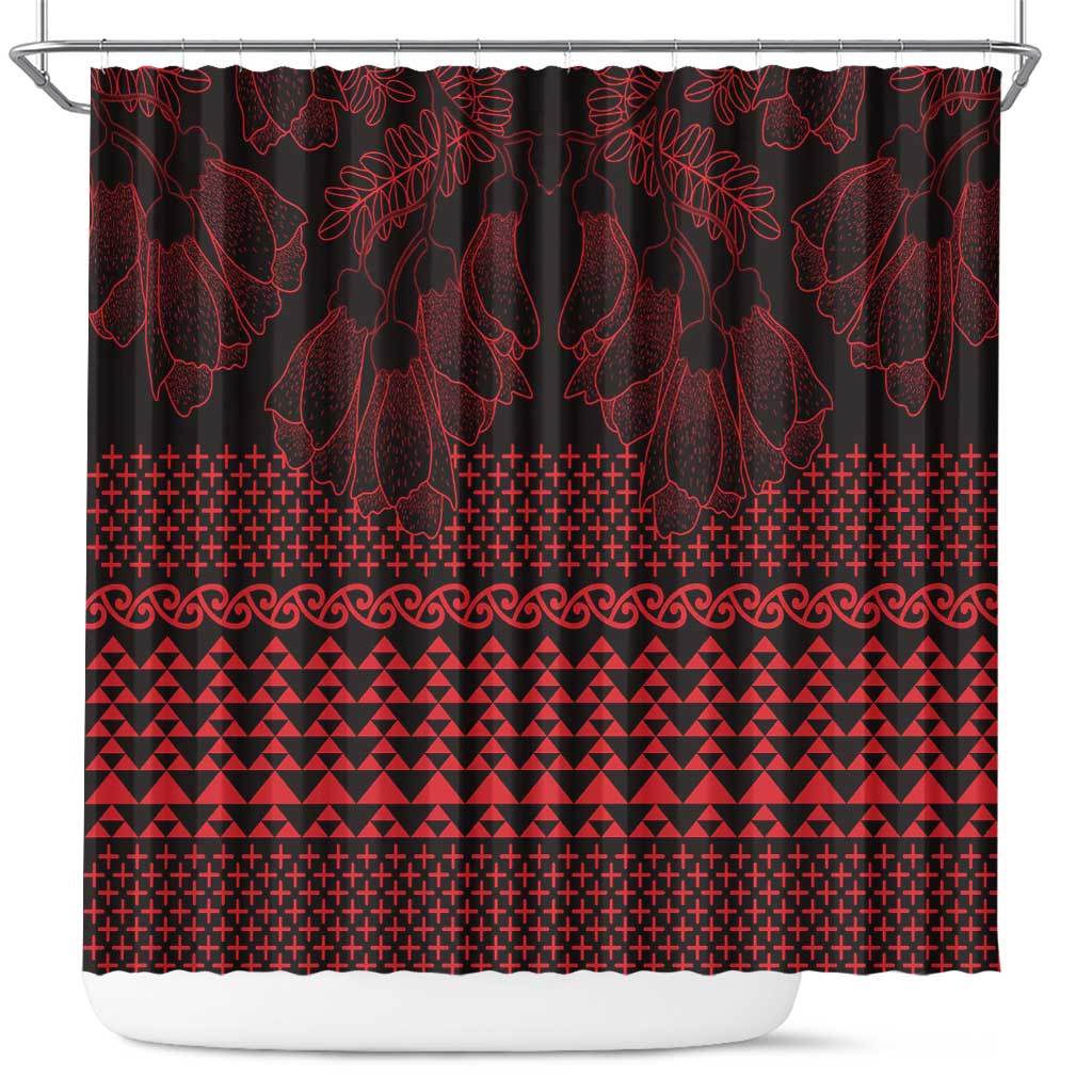 Red Taniko Kowhaiwhai Tukutuku Motif Shower Curtain