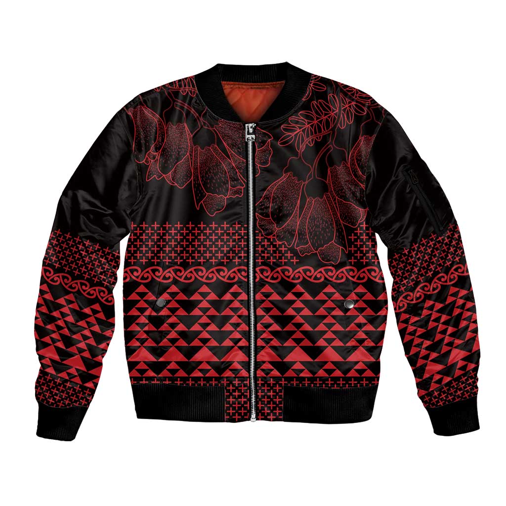 Red Taniko Kowhaiwhai Tukutuku Motif Sleeve Zip Bomber Jacket LT9 Unisex Red - Polynesian Pride