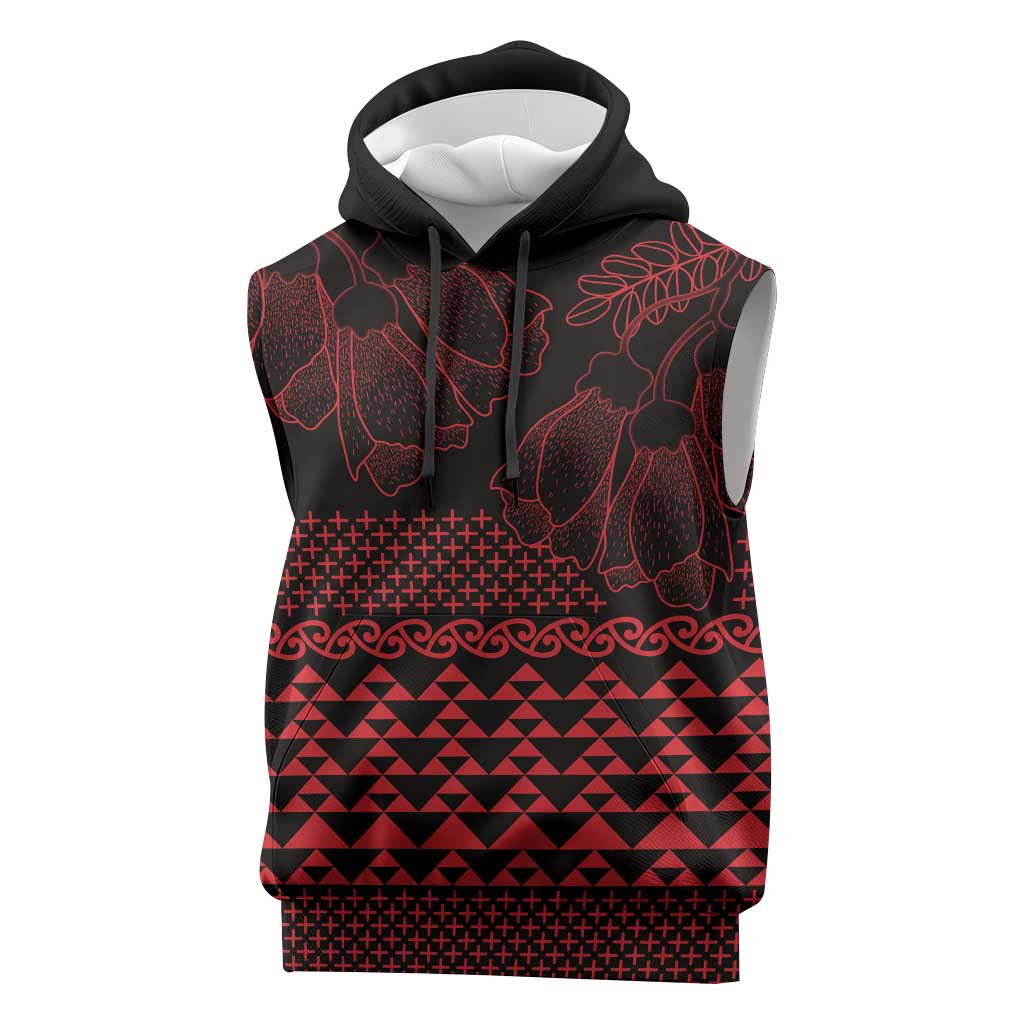 Red Taniko Kowhaiwhai Tukutuku Motif Sleeveless Hoodie - Polynesian Pride