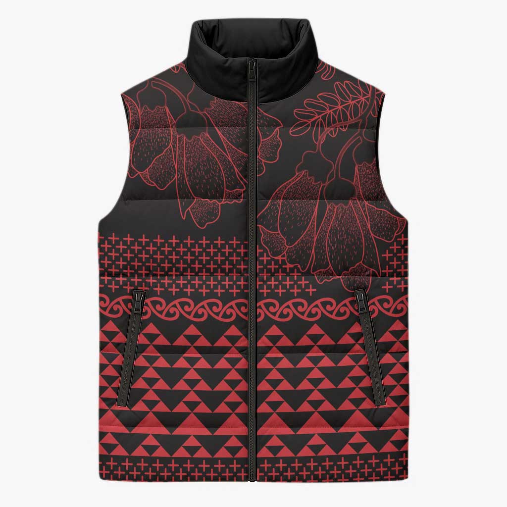 Red Taniko Kowhaiwhai Tukutuku Motif Sleeveless Puffer Jacket - Polynesian Pride