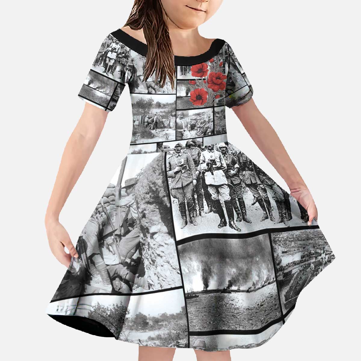 ANZAC Day Gallipoli Campaign Family Matching Off The Shoulder Long Sleeve Dress and Hawaiian Shirt To The End They Remain LT9 Daughter's Dress Black - Polynesian Pride