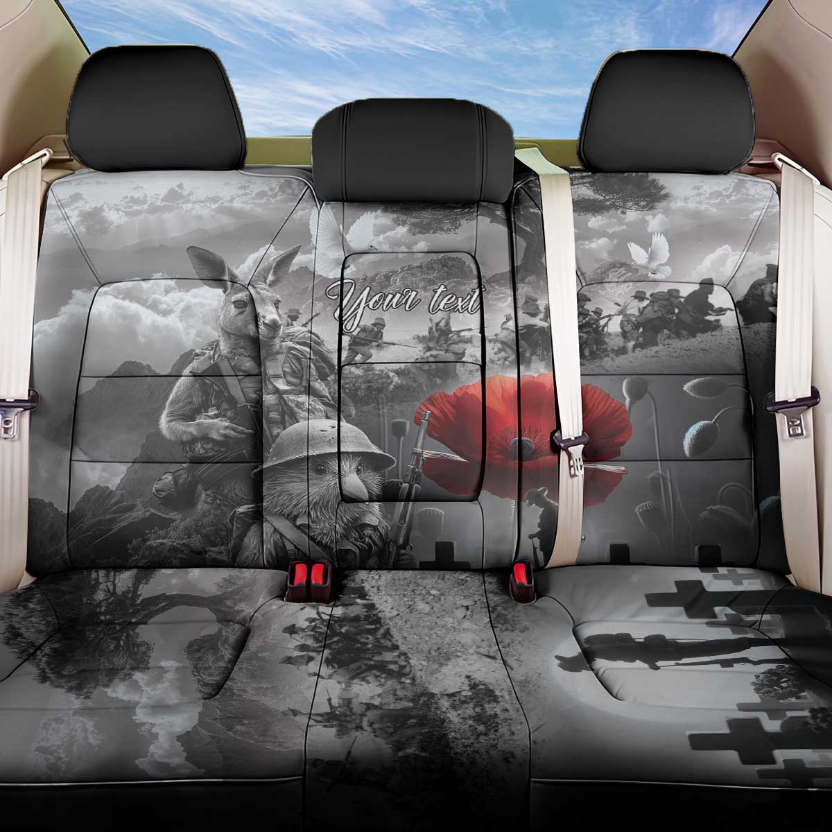 Black ANZAC Day The Battle of Lone Pine Back Car Seat Cover Kiwi-Kangaroo Soldier Lest We Forget