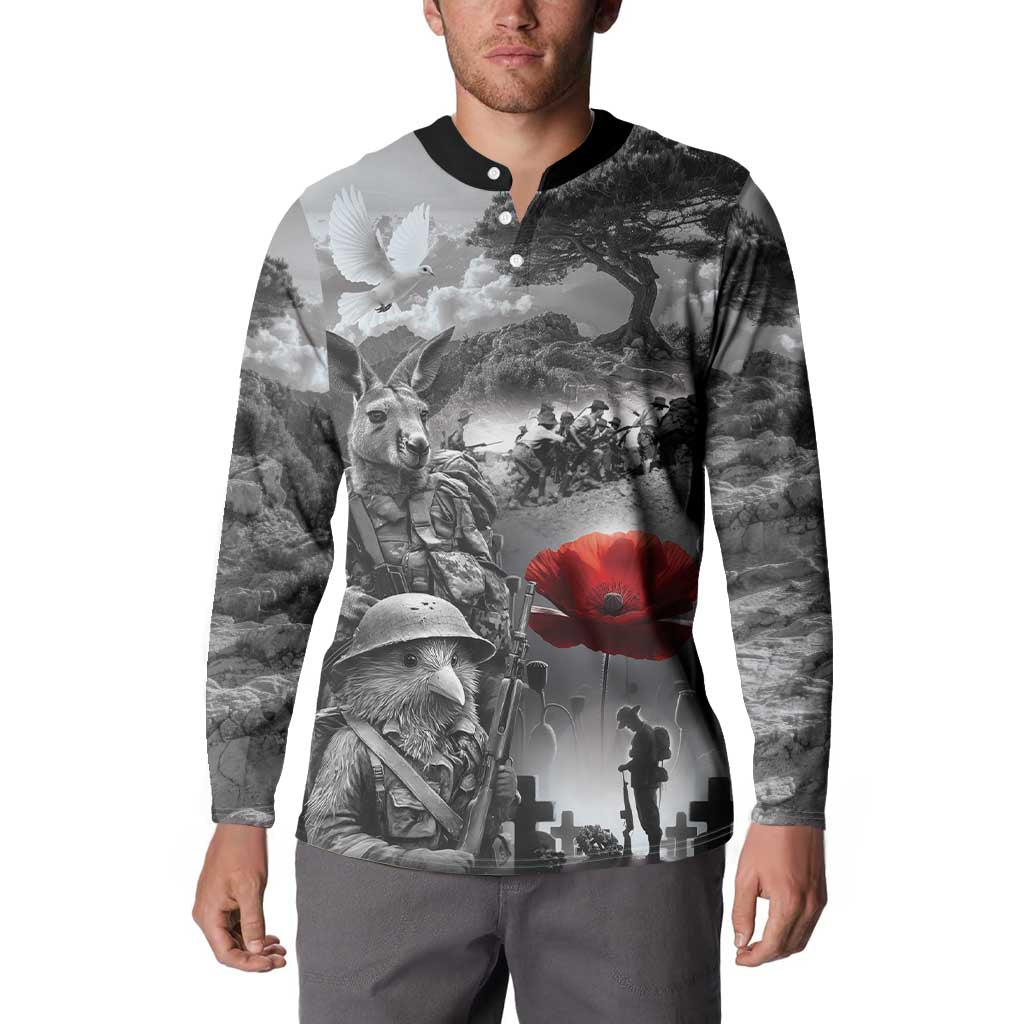 Black ANZAC Day The Battle of Lone Pine Button Sweatshirt Kiwi-Kangaroo Soldier Lest We Forget