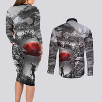 Black ANZAC Day The Battle of Lone Pine Couples Matching Long Sleeve Bodycon Dress and Long Sleeve Button Shirt Kiwi-Kangaroo Soldier Lest We Forget LT9 - Polynesian Pride