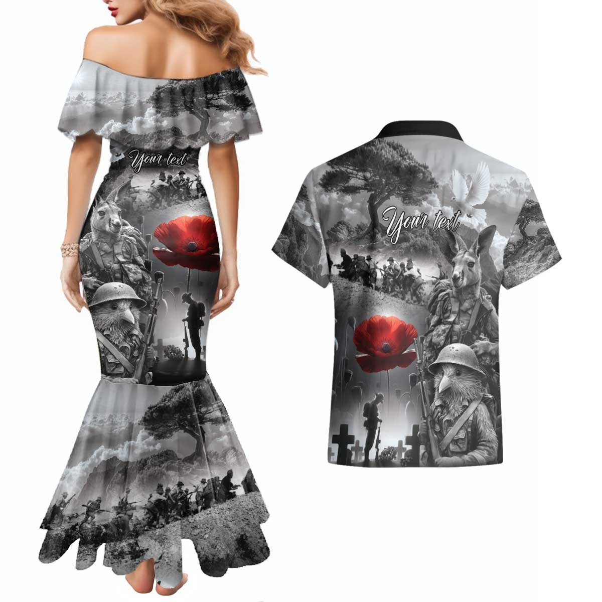 Black ANZAC Day The Battle of Lone Pine Couples Matching Mermaid Dress and Hawaiian Shirt Kiwi-Kangaroo Soldier Lest We Forget LT9 - Polynesian Pride