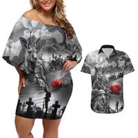 Black ANZAC Day The Battle of Lone Pine Couples Matching Off Shoulder Short Dress and Hawaiian Shirt Kiwi-Kangaroo Soldier Lest We Forget LT9 Black - Polynesian Pride