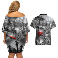 Black ANZAC Day The Battle of Lone Pine Couples Matching Off Shoulder Short Dress and Hawaiian Shirt Kiwi-Kangaroo Soldier Lest We Forget LT9 - Polynesian Pride