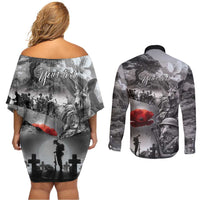 Black ANZAC Day The Battle of Lone Pine Couples Matching Off Shoulder Short Dress and Long Sleeve Button Shirt Kiwi-Kangaroo Soldier Lest We Forget LT9 - Polynesian Pride