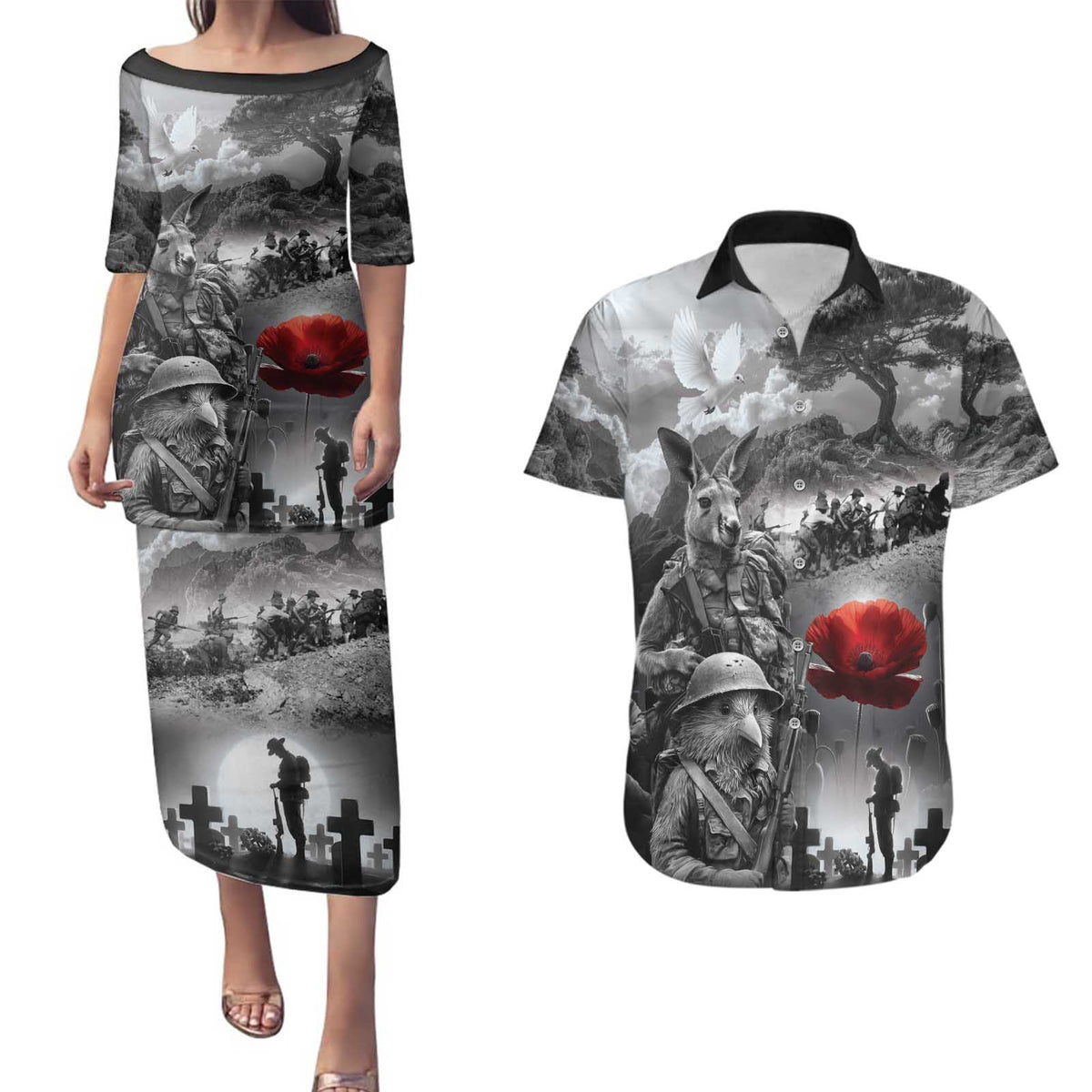 Black ANZAC Day The Battle of Lone Pine Couples Matching Puletasi and Hawaiian Shirt Kiwi-Kangaroo Soldier Lest We Forget LT9 Black - Polynesian Pride