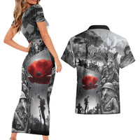 Black ANZAC Day The Battle of Lone Pine Couples Matching Short Sleeve Bodycon Dress and Hawaiian Shirt Kiwi-Kangaroo Soldier Lest We Forget LT9 - Polynesian Pride