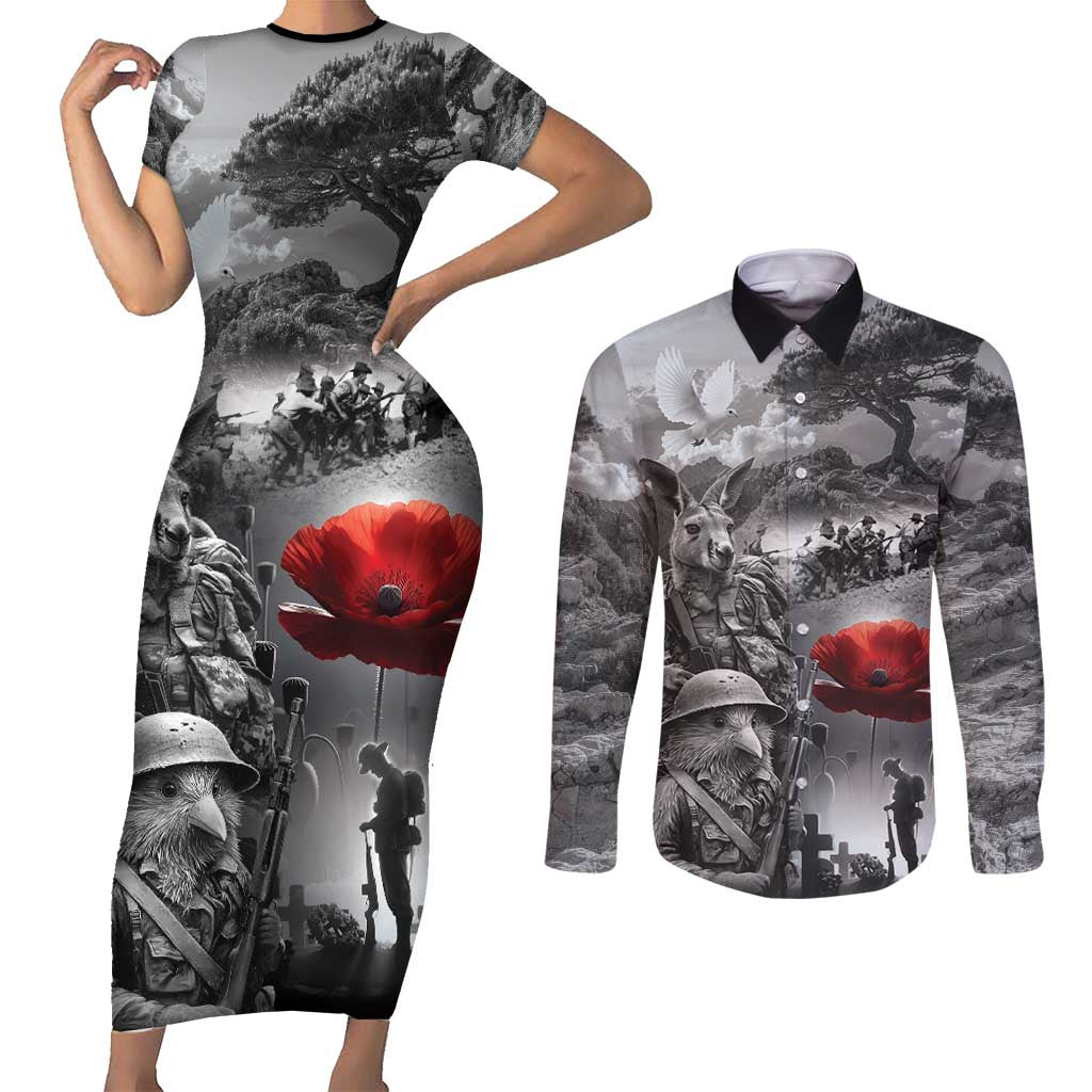 Black ANZAC Day The Battle of Lone Pine Couples Matching Short Sleeve Bodycon Dress and Long Sleeve Button Shirt Kiwi-Kangaroo Soldier Lest We Forget LT9 Black - Polynesian Pride