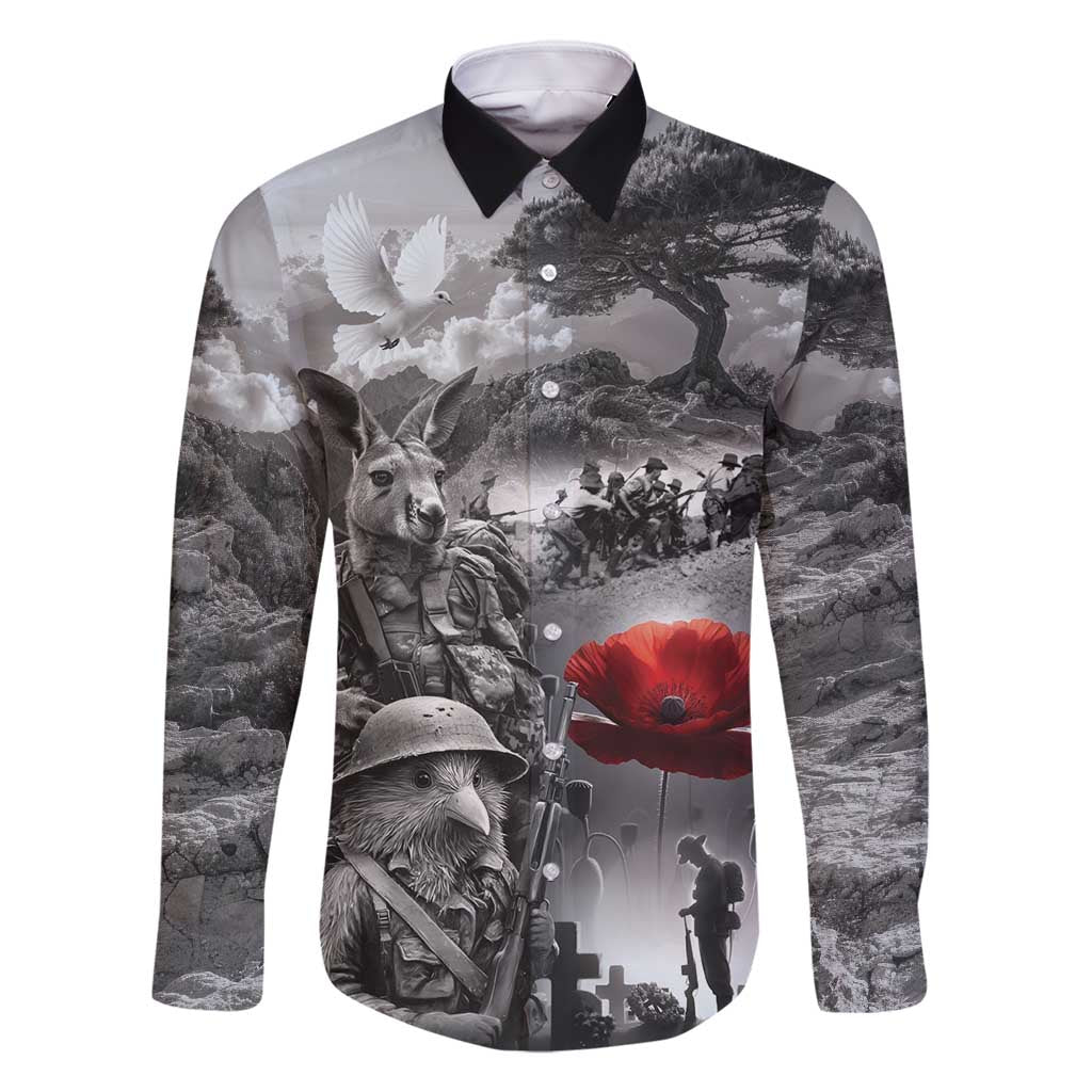 Black ANZAC Day The Battle of Lone Pine Family Matching Long Sleeve Bodycon Dress and Hawaiian Shirt Kiwi-Kangaroo Soldier Lest We Forget LT9 Dad's Shirt - Long Sleeve Black - Polynesian Pride