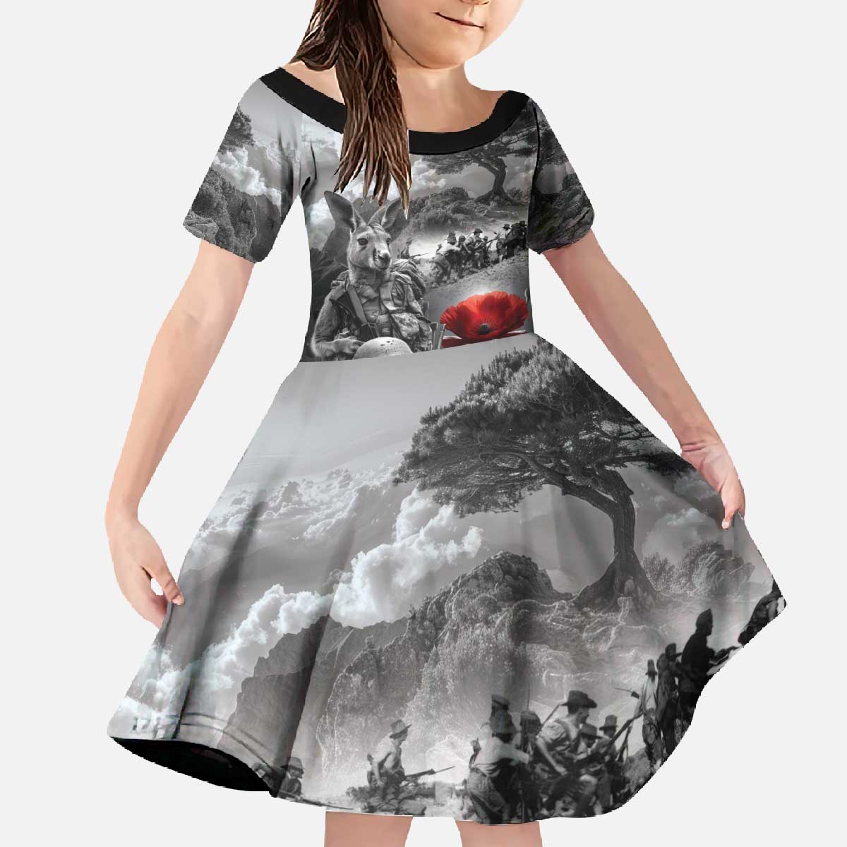 Black ANZAC Day The Battle of Lone Pine Family Matching Off The Shoulder Long Sleeve Dress and Hawaiian Shirt Kiwi-Kangaroo Soldier Lest We Forget LT9 Daughter's Dress Black - Polynesian Pride