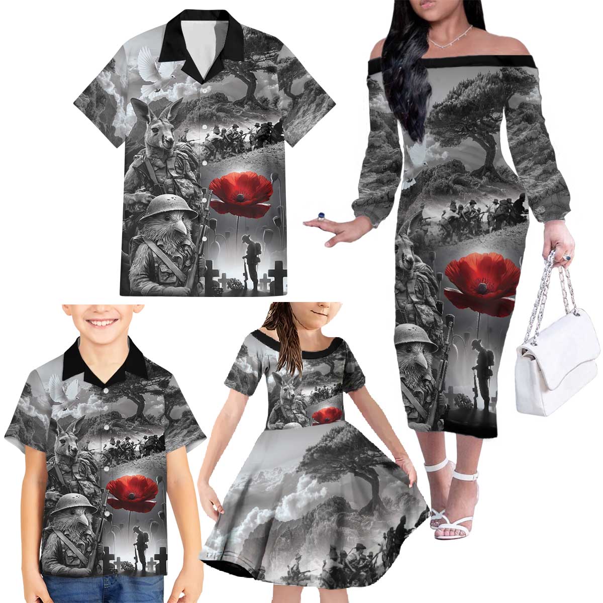 Black ANZAC Day The Battle of Lone Pine Family Matching Off The Shoulder Long Sleeve Dress and Hawaiian Shirt Kiwi-Kangaroo Soldier Lest We Forget LT9 - Polynesian Pride