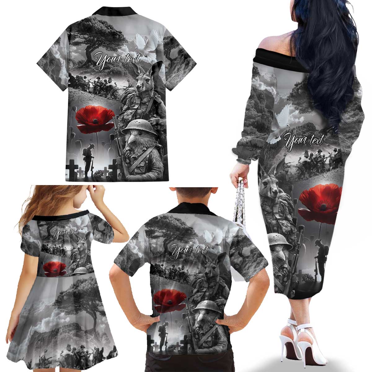 Black ANZAC Day The Battle of Lone Pine Family Matching Off The Shoulder Long Sleeve Dress and Hawaiian Shirt Kiwi-Kangaroo Soldier Lest We Forget LT9 - Polynesian Pride