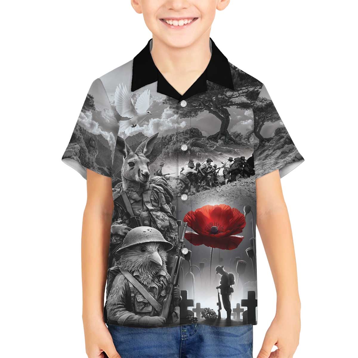 Black ANZAC Day The Battle of Lone Pine Family Matching Off The Shoulder Long Sleeve Dress and Hawaiian Shirt Kiwi-Kangaroo Soldier Lest We Forget LT9 Son's Shirt Black - Polynesian Pride