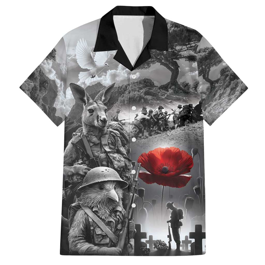 Black ANZAC Day The Battle of Lone Pine Family Matching Off Shoulder Short Dress and Hawaiian Shirt Kiwi-Kangaroo Soldier Lest We Forget LT9 Dad's Shirt - Short Sleeve Black - Polynesian Pride