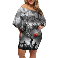 Black ANZAC Day The Battle of Lone Pine Family Matching Off Shoulder Short Dress and Hawaiian Shirt Kiwi-Kangaroo Soldier Lest We Forget LT9 Mom's Dress Black - Polynesian Pride