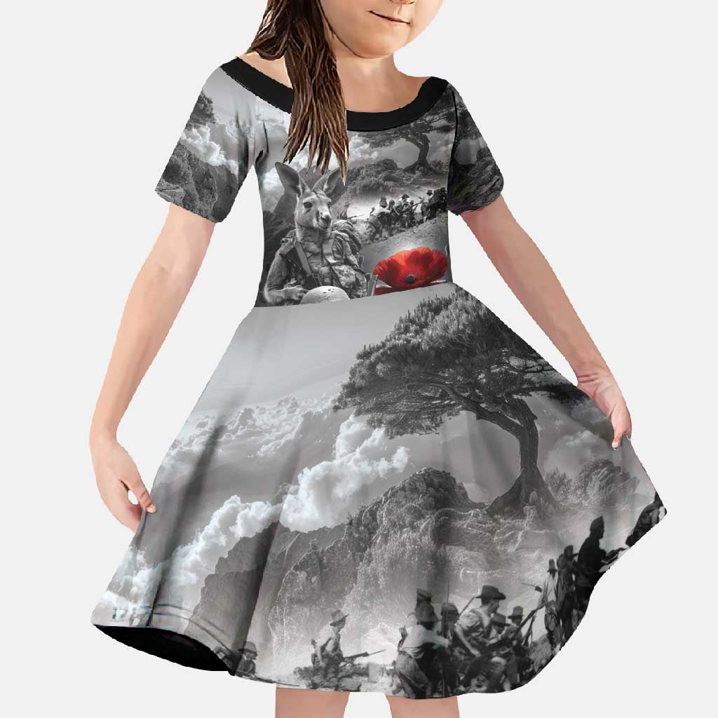 Black ANZAC Day The Battle of Lone Pine Family Matching Short Sleeve Bodycon Dress and Hawaiian Shirt Kiwi-Kangaroo Soldier Lest We Forget LT9 Daughter's Dress Black - Polynesian Pride