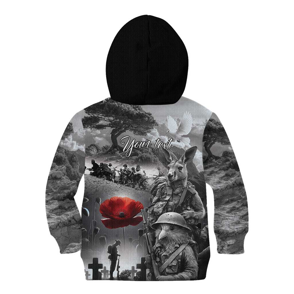 Black ANZAC Day The Battle of Lone Pine Kid Hoodie Kiwi-Kangaroo Soldier Lest We Forget