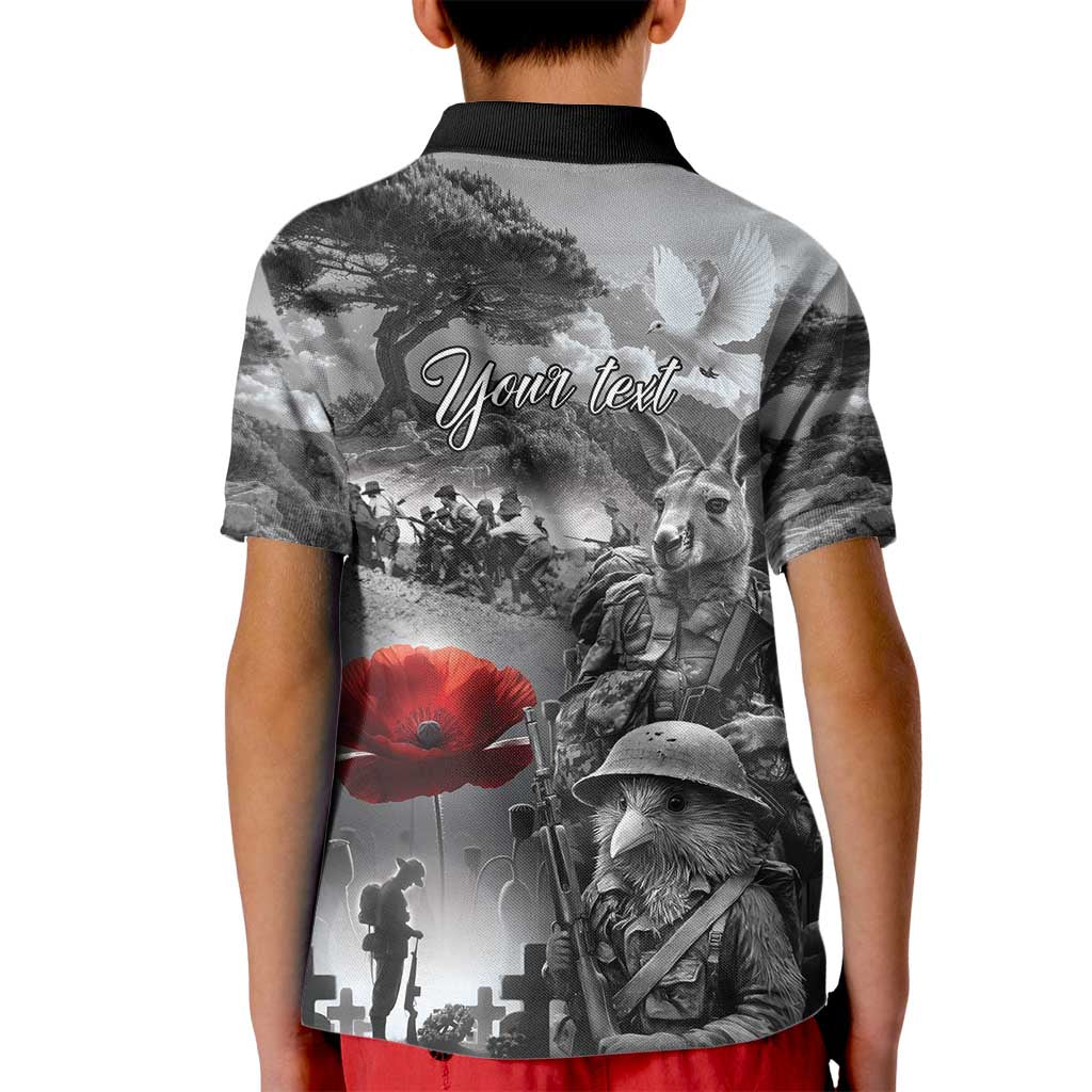 Black ANZAC Day The Battle of Lone Pine Kid Polo Shirt Kiwi-Kangaroo Soldier Lest We Forget