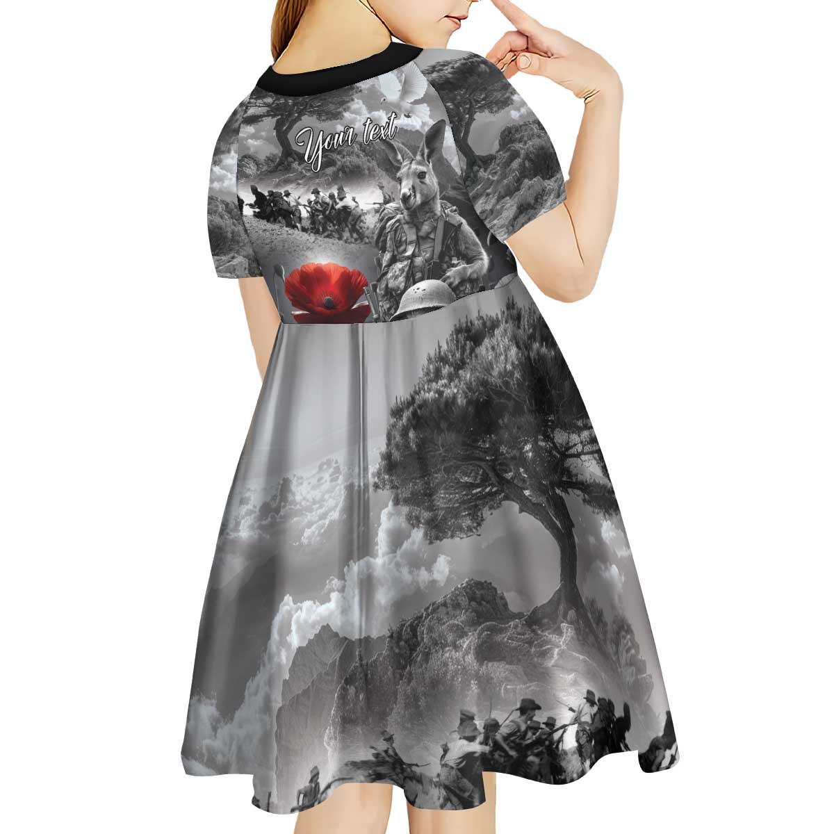 Black ANZAC Day The Battle of Lone Pine Kid Short Sleeve Dress Kiwi-Kangaroo Soldier Lest We Forget