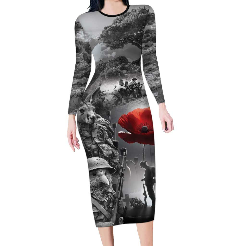 Black ANZAC Day The Battle of Lone Pine Long Sleeve Bodycon Dress Kiwi-Kangaroo Soldier Lest We Forget LT9 Long Dress Black - Polynesian Pride