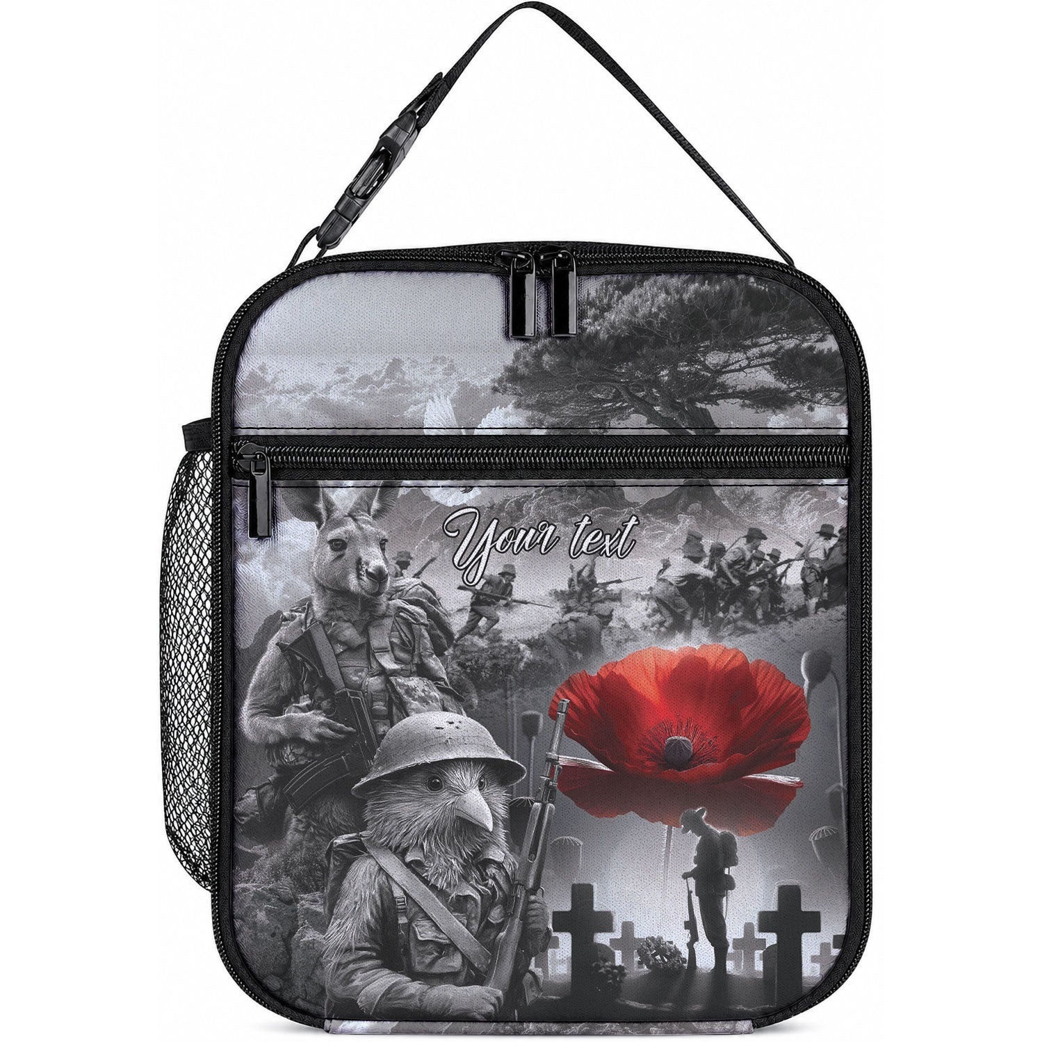 Black ANZAC Personalised The Battle of Lone Pine Lunch Bag Kiwi-Kangaroo Soldier Lest We Forget LT9 10.2 × 8.3 × 4.3 inch Black - Polynesian Pride