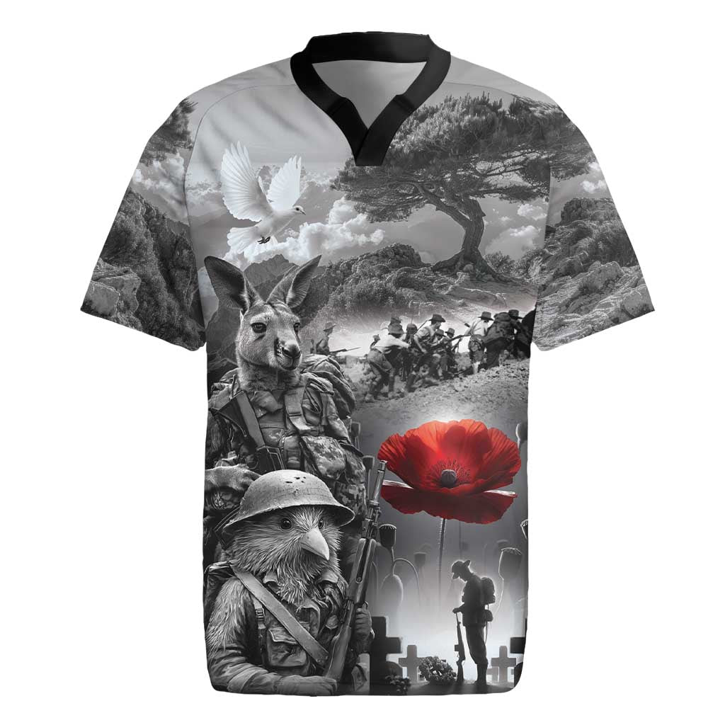 Black ANZAC Day The Battle of Lone Pine Rugby Jersey Kiwi-Kangaroo Soldier Lest We Forget