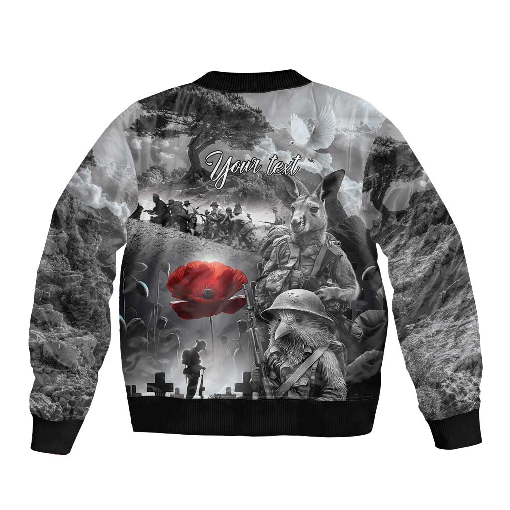 Black ANZAC Day The Battle of Lone Pine Sleeve Zip Bomber Jacket Kiwi-Kangaroo Soldier Lest We Forget