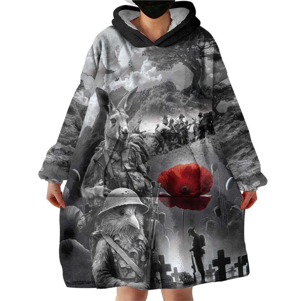Black ANZAC Day The Battle of Lone Pine Wearable Blanket Hoodie Kiwi-Kangaroo Soldier Lest We Forget