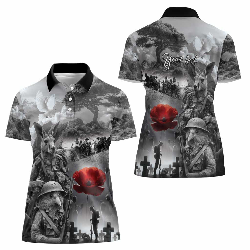 Black ANZAC Day The Battle of Lone Pine Women Polo Shirt Kiwi-Kangaroo Soldier Lest We Forget