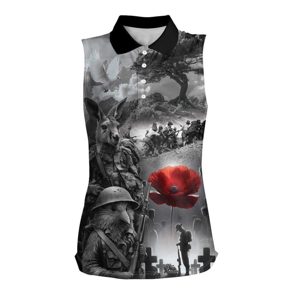 Black ANZAC Day The Battle of Lone Pine Women Sleeveless Polo Shirt Kiwi-Kangaroo Soldier Lest We Forget LT9 Female Black - Polynesian Pride
