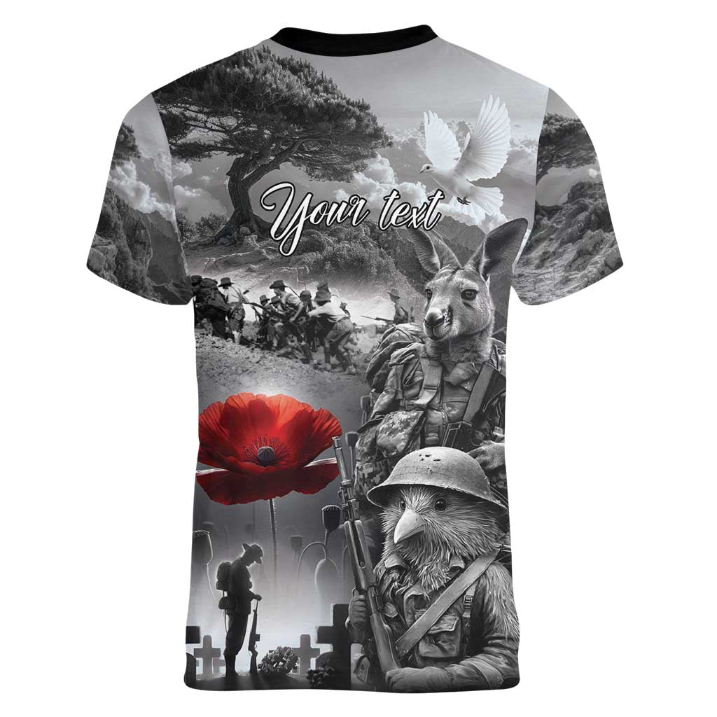 Black ANZAC Day The Battle of Lone Pine Women V-Neck T-Shirt Kiwi-Kangaroo Soldier Lest We Forget LT9 - Polynesian Pride
