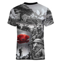 Black ANZAC Day The Battle of Lone Pine Women V-Neck T-Shirt Kiwi-Kangaroo Soldier Lest We Forget LT9 - Polynesian Pride