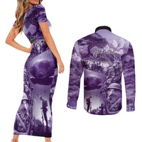 Purple ANZAC Day The Battle of Lone Pine Couples Matching Short Sleeve Bodycon Dress and Long Sleeve Button Shirt Kiwi-Kangaroo Soldier Lest We Forget LT9 - Polynesian Pride